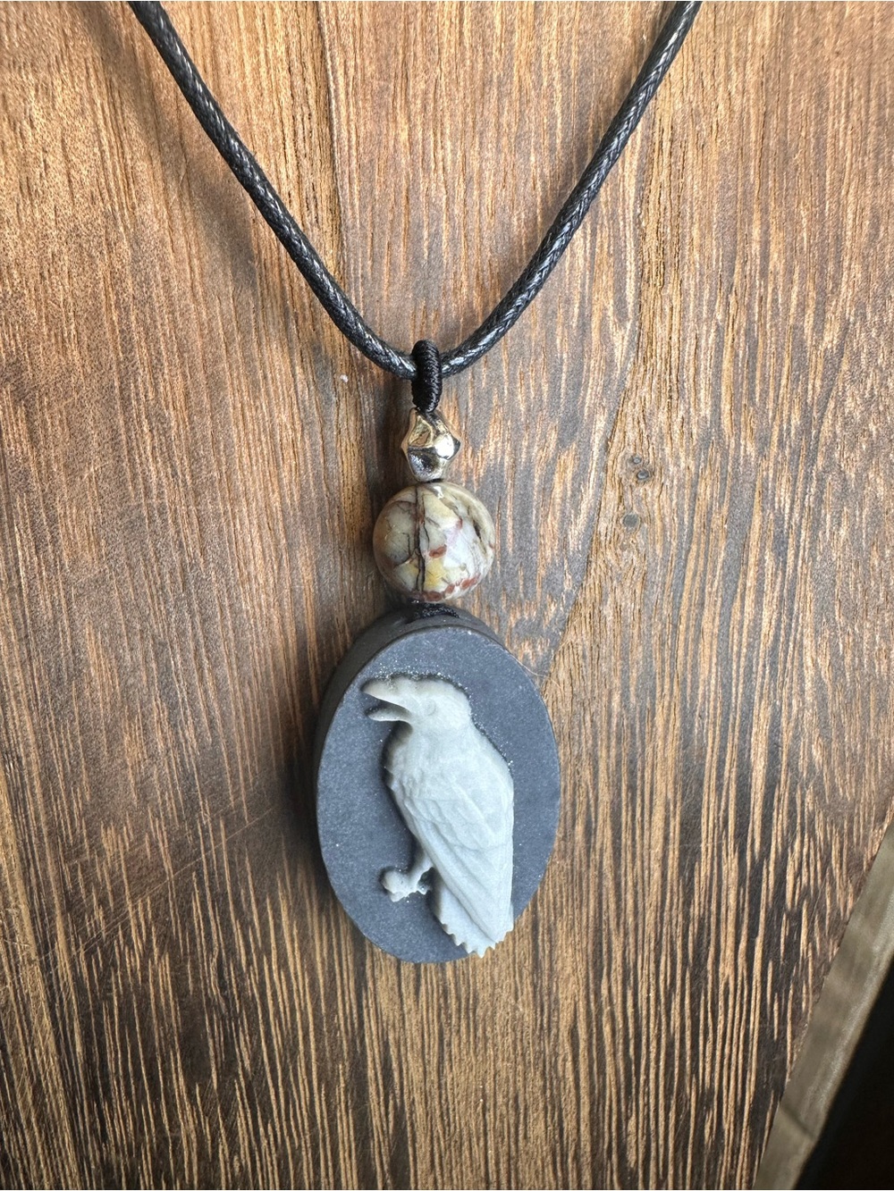 Handcrafted Tai Chi Stone Raven Pendant Necklace on Black Rope - Picture 7 of 11